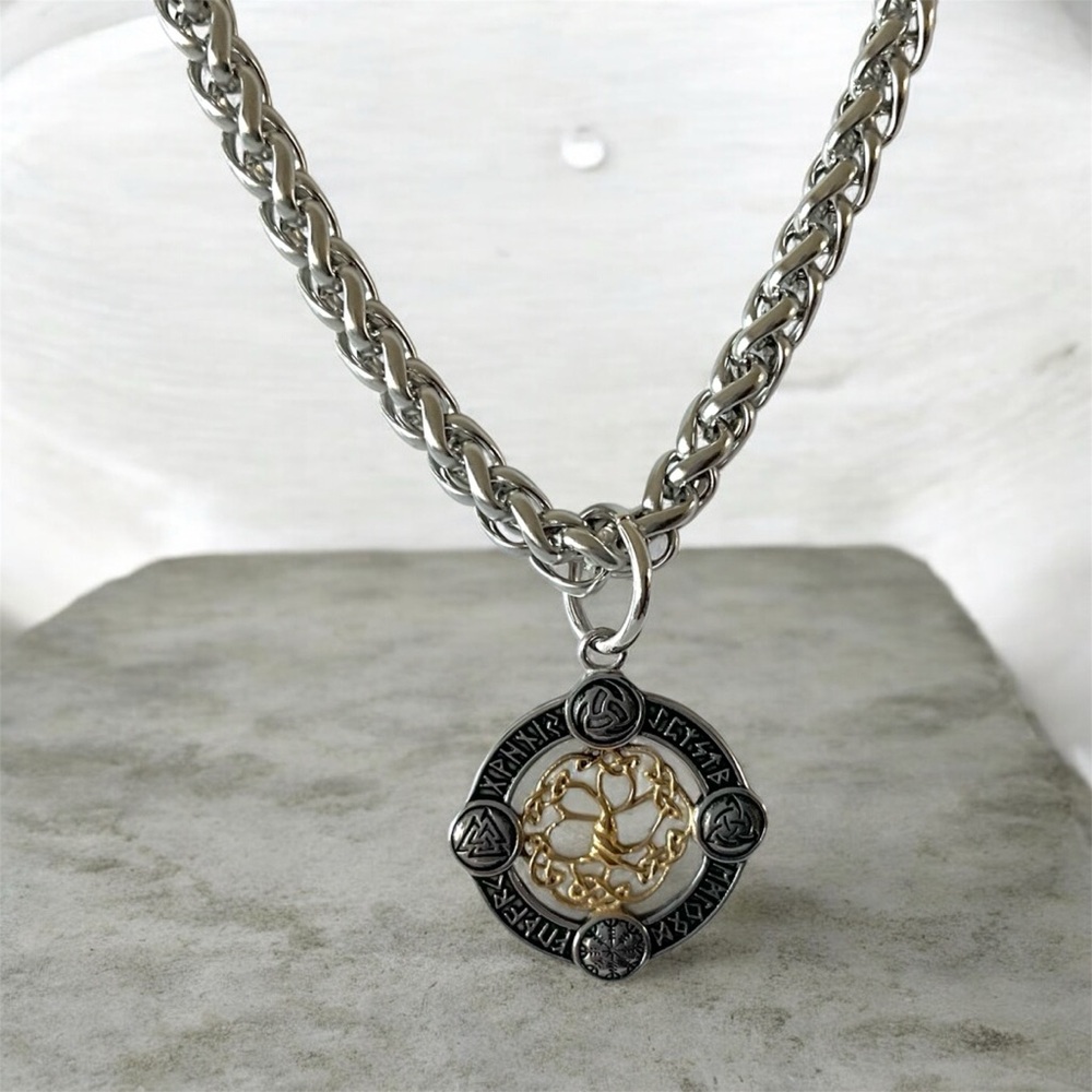Large Stainless Steel Viking Celtic Tree of Life Yggdrasil Pendant Necklace